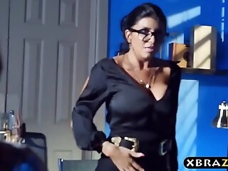 Mummy teacher displays a pornography video in class and fucks a student